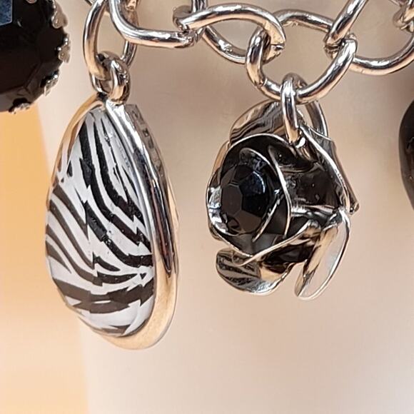 Silver Tone Charm Bracelet, Roses Zebra Heart Black Bead Rhinestone Toggle Clasp - Picture 4 of 10